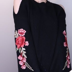 Cold Shoulder Distressed Sweater with Rose Embroidery
